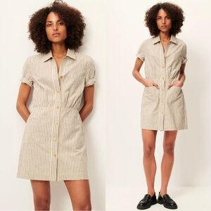 NEW SESSÙN Linen Organic Cotton Stripe Cuff Short Sleeve Button Up Shirt Dress S